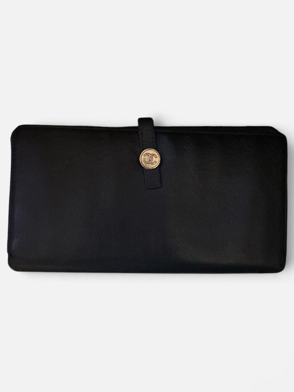 CHANEL French Purse Karl Lagerfeld 2004 Caviar Leather Coco Button Long Wallet